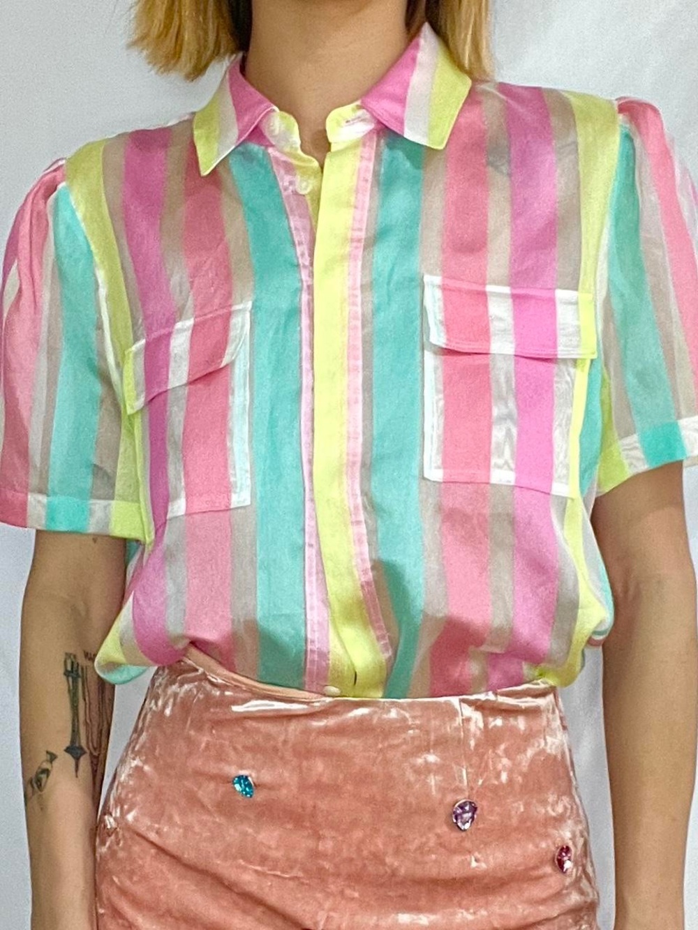 Halogen Pastel Stripe Button-Down Shirt in Pink, Yellow, Mint, Cream